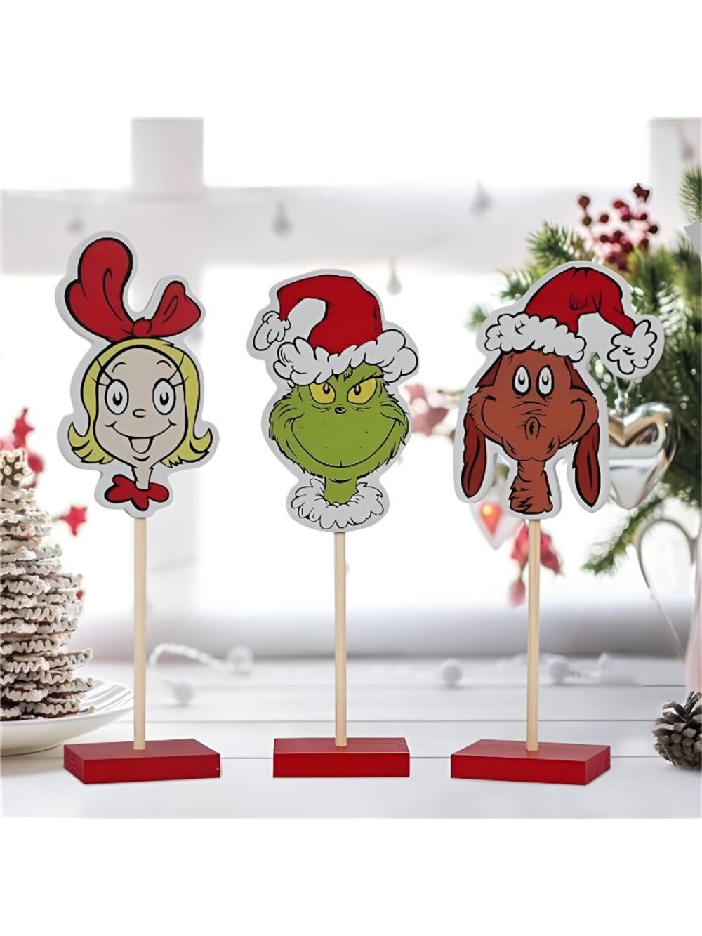 Set of 3 Christmas Pedestal Tabletop Decor, Rustic Christmas Table Centerpiece
